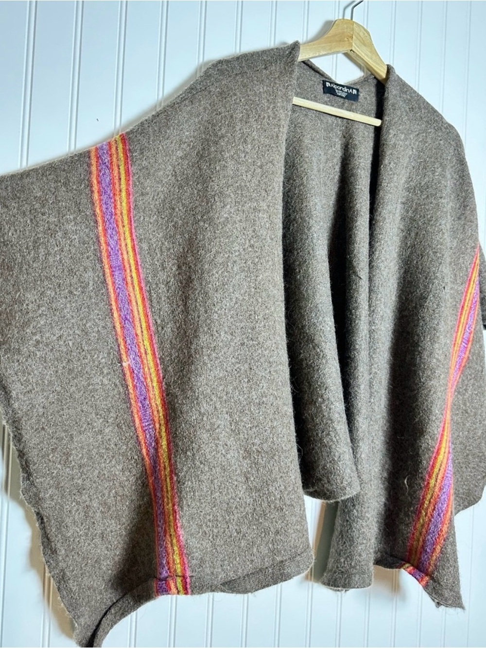 Alpaca Brown Wool Ruana with Colorful Stripe Detail Peruvian baby alpaca wool. - Picture 3 of 4